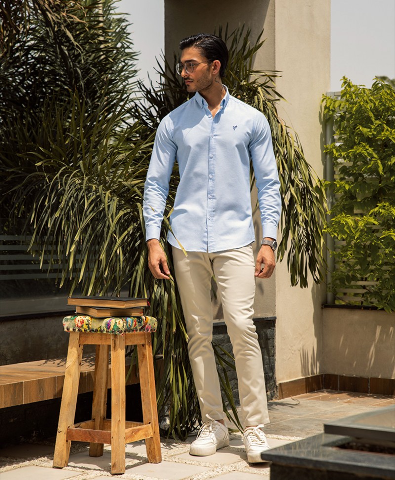 Sky Blue Oxford Shirt ( Slim Fit) - FITTED