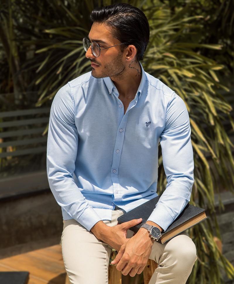 Sky Blue Oxford Shirt ( Slim Fit) - FITTED